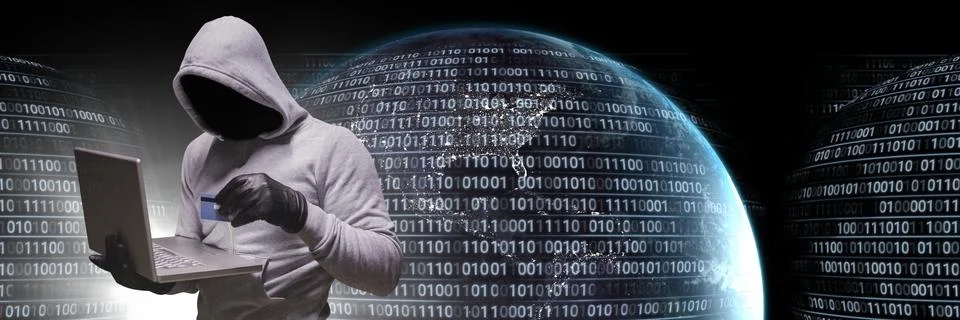 Anonymous hacker with computer code binary interface and earth world Stock Photos