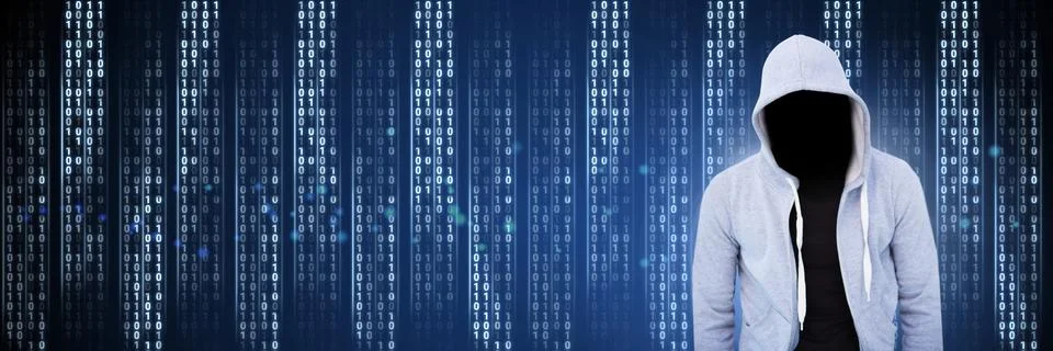 Anonymous hacker with computer code binary interface 스톡 사진