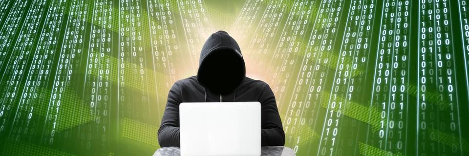 Anonymous hacker with computer code binary interface Stock Photos