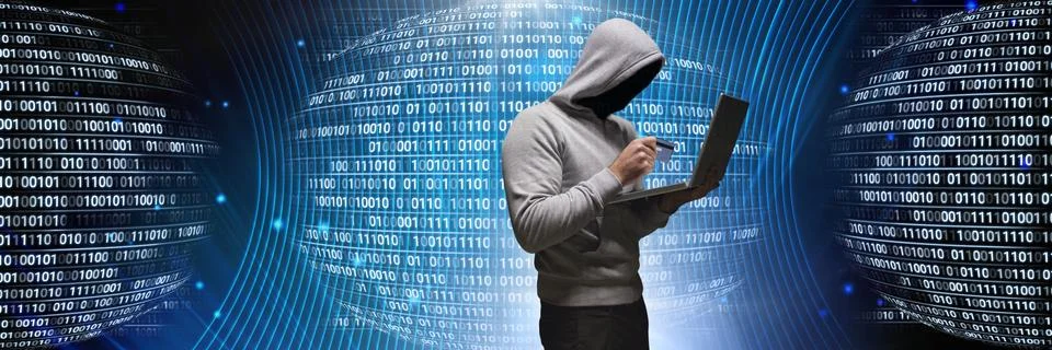 Anonymous hacker with computer code binary interface Stock Photos