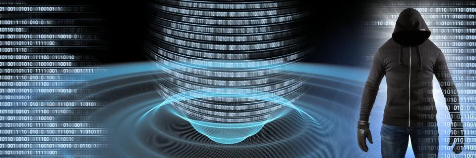 Anonymous hacker with computer code binary interface Stock Photos