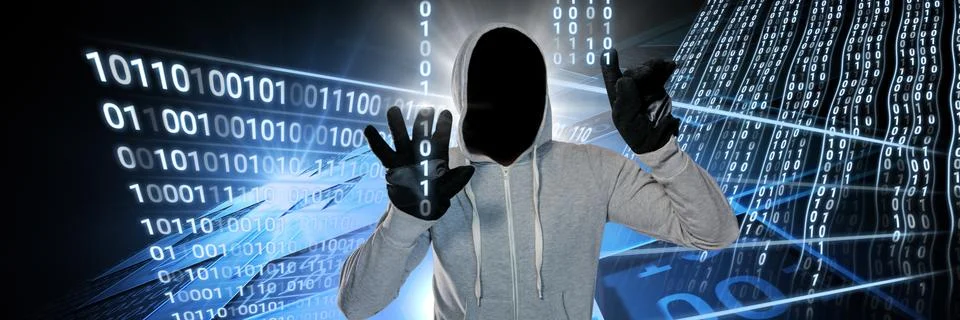 Anonymous hacker with computer code binary interface Stock Photos