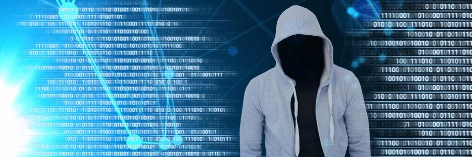 Anonymous hacker with computer code binary interface Stock Photos
