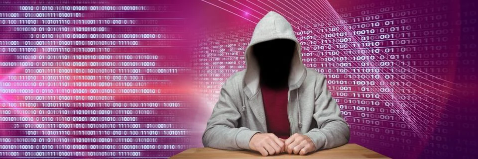 Anonymous hacker with computer code binary interface Foto stock
