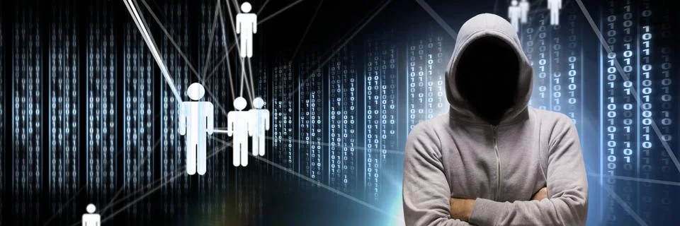 Anonymous hacker with computer code binary interface and people icons Stockfoto's