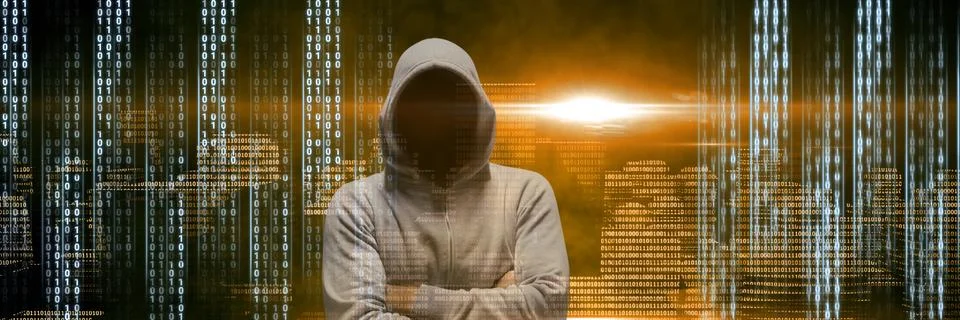 Anonymous hacker with computer code binary interface in city Stock Photos