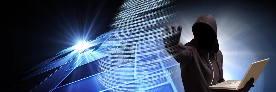 Anonymous hacker with computer code binary interface Stock Photos