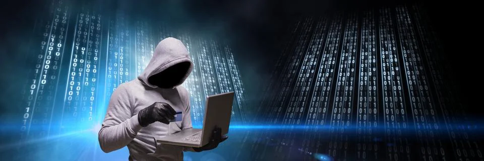 Anonymous hacker with computer code binary interface Stock Photos
