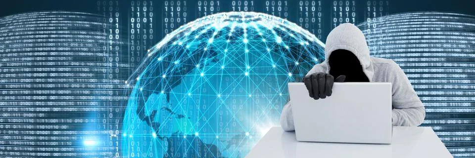 Anonymous hacker with computer code binary interface and world globe Stock Photos