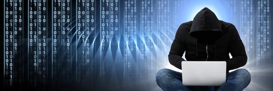 Anonymous hacker with computer code binary interface Stock Photos