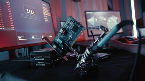 Anonymous Hacker cracking pin code in cyberpunk setting Stock Footage 341657711