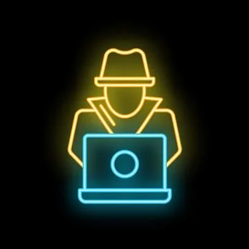 Anonymous hacker in hat using laptop neon sign on black background Stock Illustration