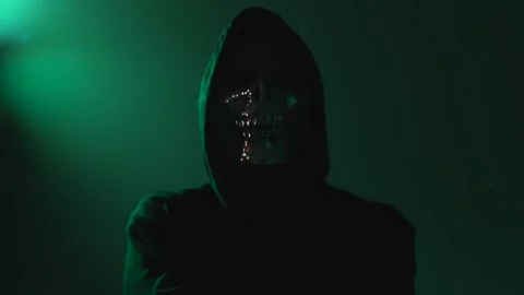 Anonymous Hacker in Hood and Mask with Crossed Arms Looking Directly at Camera Stock Footage 310553387
