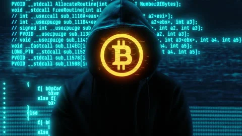 Anonymous hacker with hoodie and glitch bitcoin on face. Computer abstract Stock Footage 287166435