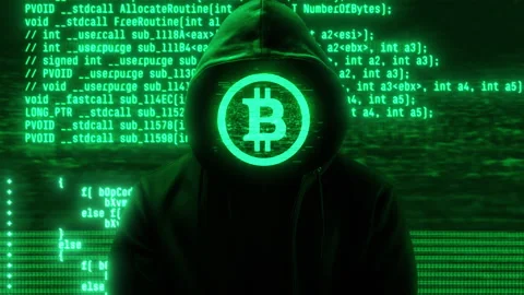 Anonymous hacker with hoodie and glitch bitcoin on face. Computer abstract Stock Footage 290504592