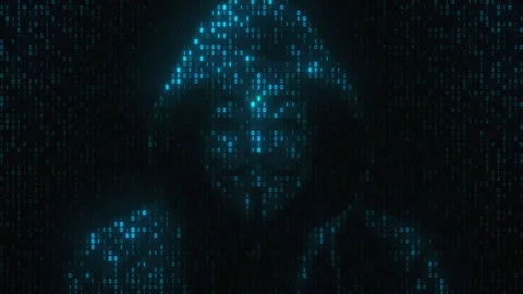 Anonymous hacker in hoody of one and zero digits abstract background Stock Footage 344919903