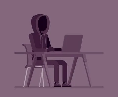Anonymous hacker man with hidden face at laptop Stock Illustration