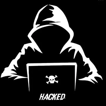 Anonymous hacker silhouette with laptop and hacked glitched text. 스톡 일러스트
