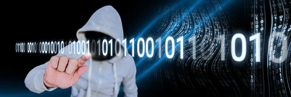 Anonymous hacker touching computer code binary interface Stock Photos