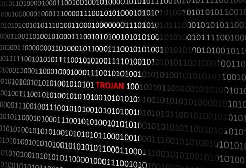 Anonymous hacker without face and trojan horse virus binary code background Illustrazione stock