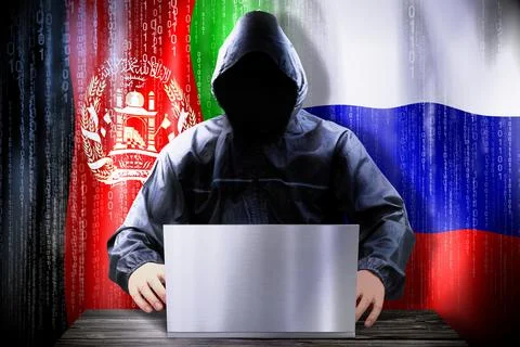 Anonymous hacker working on a laptop, flags of Afghanistan and Russia Stock-Illustration