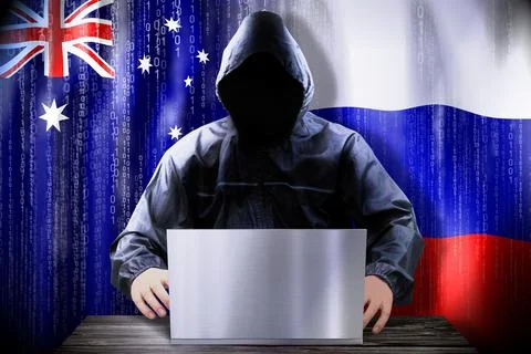 Anonymous hacker working on a laptop, flags of Australia and Russia Stock-Illustration