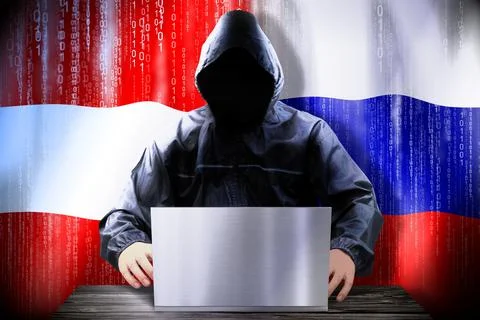 Anonymous hacker working on a laptop, flags of Austria and Russia Stock-Illustration