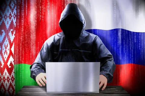Anonymous hacker working on a laptop, flags of Belarus and Russia Stock-Illustration