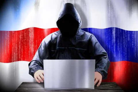 Anonymous hacker working on a laptop, flags of Belarus and Russia Stock-Illustration