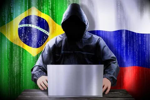 Anonymous hacker working on a laptop, flags of Brazil and Russia Stock Illustration