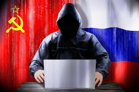 Anonymous hacker working on a laptop, flags of CCCP and Russian Federation Stock-Illustration