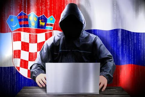 Anonymous hacker working on a laptop, flags of Croatia and Russia Stock Illustration