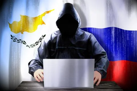 Anonymous hacker working on a laptop, flags of Cyprus and Russia Stock-Illustration