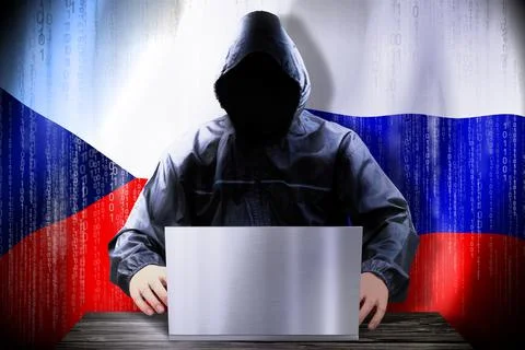Anonymous hacker working on a laptop, flags of Czech Republic and Russia Stock-Illustration