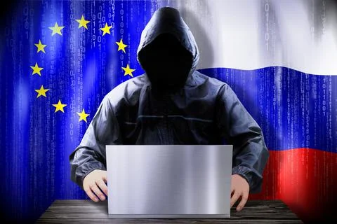 Anonymous hacker working on a laptop, flags of European Union and Russia Stock-Illustration