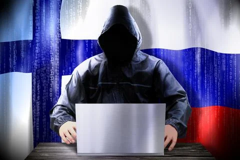 Anonymous hacker working on a laptop, flags of Finland and Russia Stock-Illustration