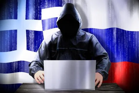 Anonymous hacker working on a laptop, flags of Greece and Russia Stock Illustration