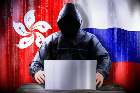 Anonymous hacker working on a laptop, flags of Hong Kong and Russia Stock Illustration