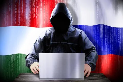 Anonymous hacker working on a laptop, flags of Hungary and Russia Stock-Illustration