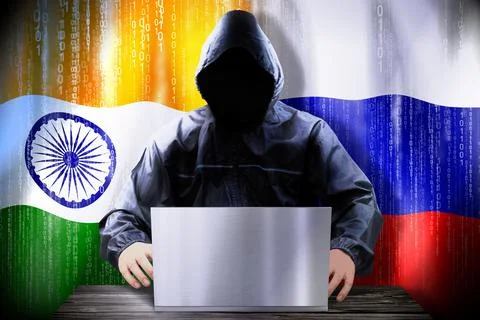 Anonymous hacker working on a laptop, flags of India and Russia Stock Illustration