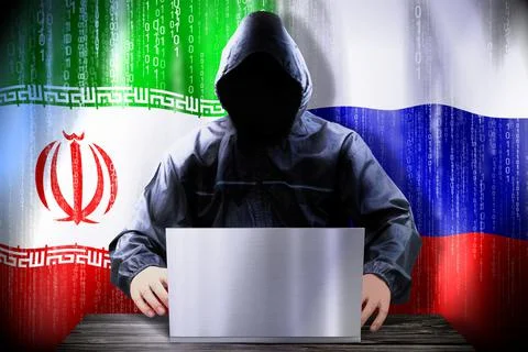 Anonymous hacker working on a laptop, flags of Iran and Russia Stock Illustration