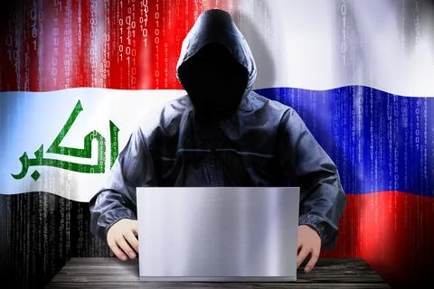 Anonymous hacker working on a laptop, flags of Iraq and Russia Stock-Illustration