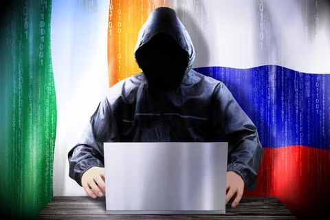 Anonymous hacker working on a laptop, flags of Ireland and Russia Stock-Illustration