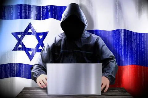 Anonymous hacker working on a laptop, flags of Israel and Russia Stock-Illustration