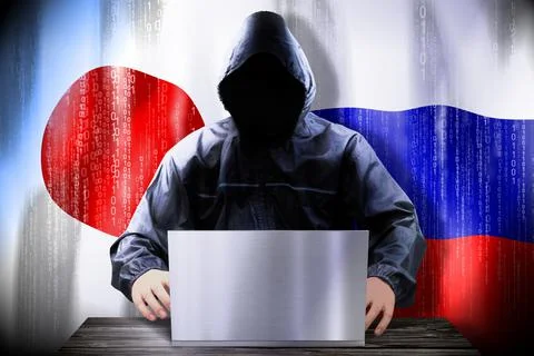 Anonymous hacker working on a laptop, flags of Japan and Russia Stock-Illustration
