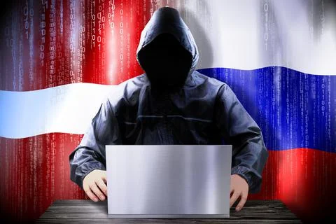 Anonymous hacker working on a laptop, flags of Latvia and Russia Stock-Illustration
