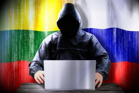 Anonymous hacker working on a laptop, flags of Lithuania and Russia Stock-Illustration