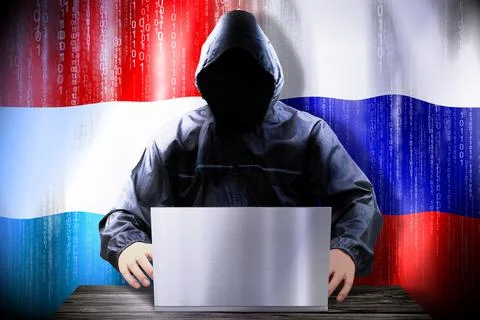 Anonymous hacker working on a laptop, flags of Luxembourg and Russia Stock-Illustration