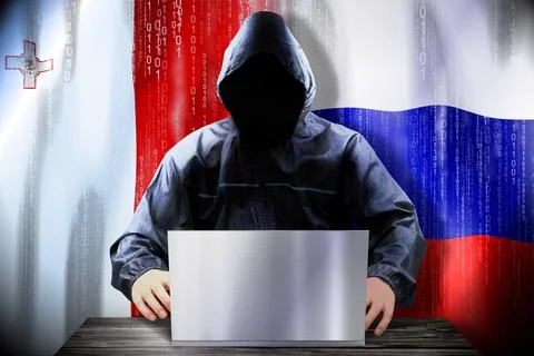 Anonymous hacker working on a laptop, flags of Malta and Russia Illustrazione stock