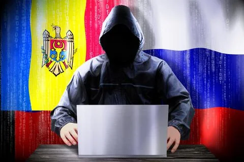 Anonymous hacker working on a laptop, flags of Moldova and Russia Stock Illustration